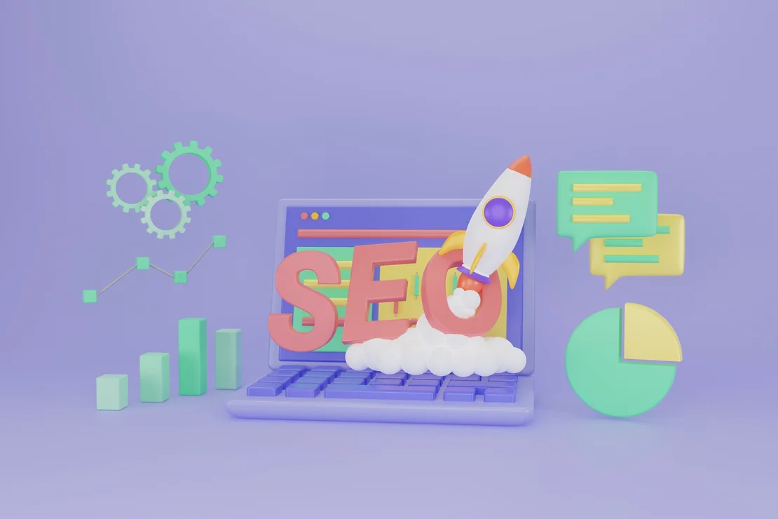 SEO optimization with rocket for marketing social media concept. Interface for web analytics strategy and research planning in laptop. Web analytics and seo marketing social media concept. 3d rendering