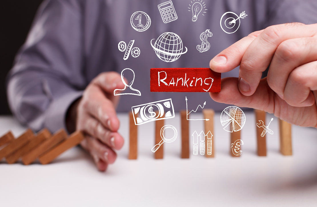 Business, Technology, Internet and network concept. Young businessman shows the word: Ranking