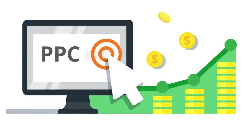 Cartoon of a computer that reads, "PPC," and shows a chart in the background.