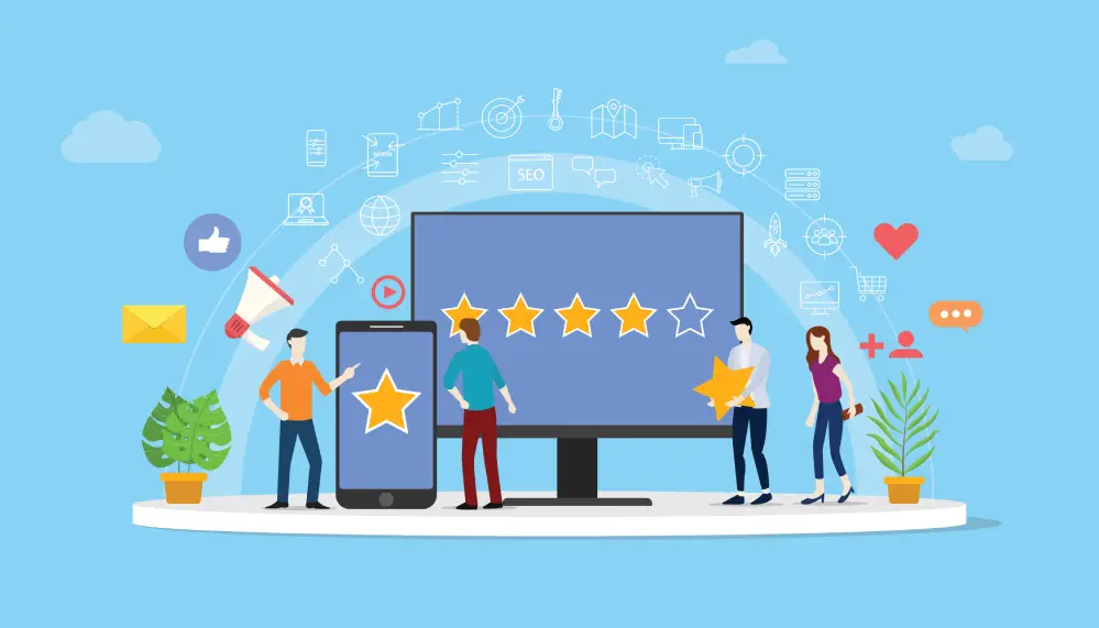Cartoon of people putting up five stars on a computer screen.