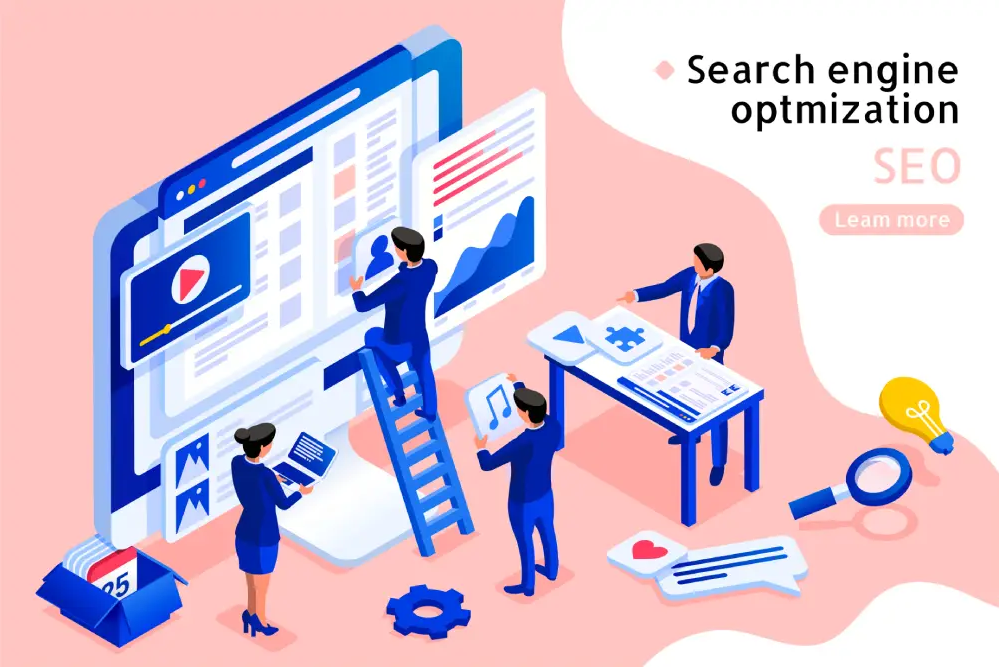 Cartoon of a workplace with search engine optimization charts.