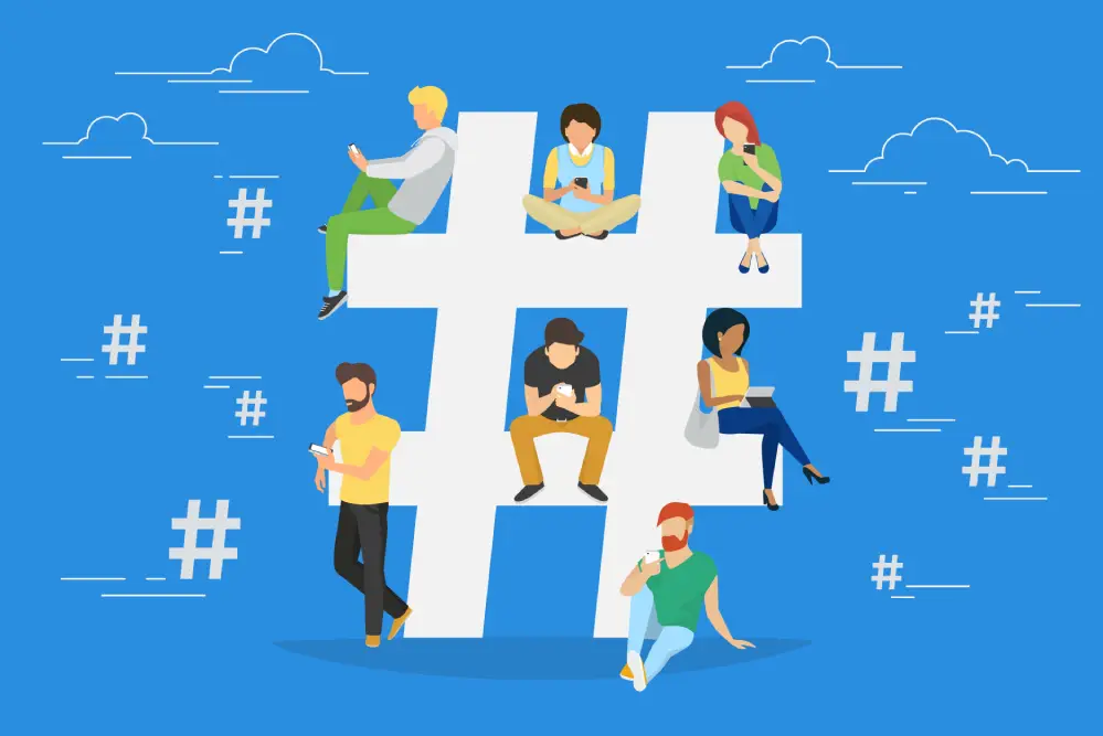 Cartoon of a hashtag with people sitting on it.
