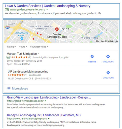 Google marketing results for landscaping