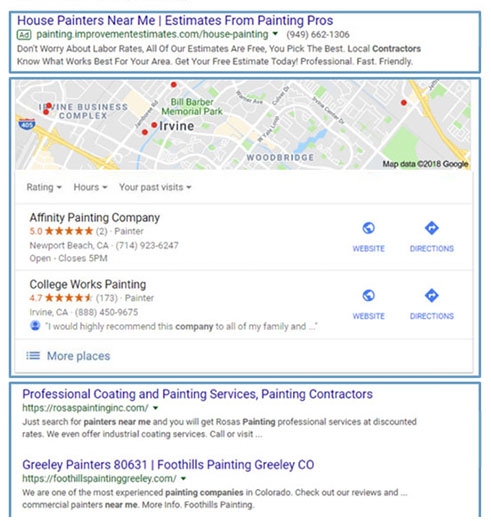 a screenshot of google rankings for house painters