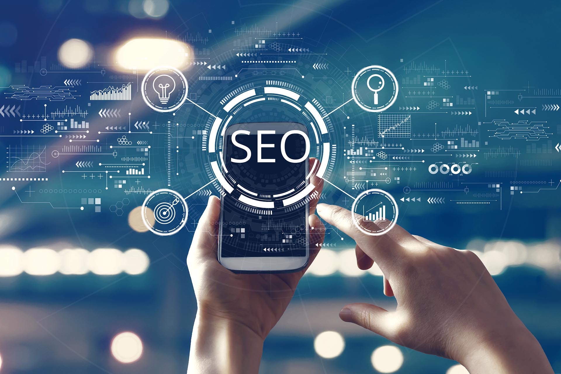 SEO concept with person using smartphone.